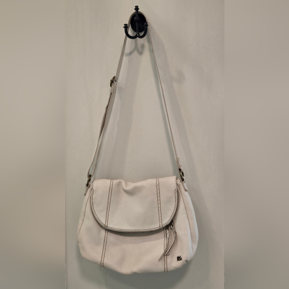 The Sak Deena Fold Over Flap White Leather Zipper Crossbody Purse